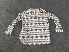 LOFT Shirt Womens XS Petite White Blue Boho Print Rayon Long Sleeve