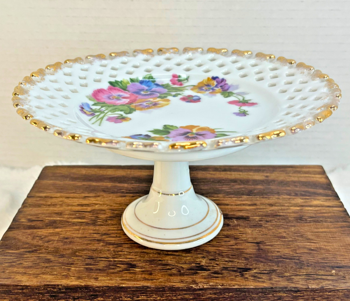 VTG Reticulated Pedestal Plate • Gold Trim • Pansy • Floral Compote Royal Sealy 