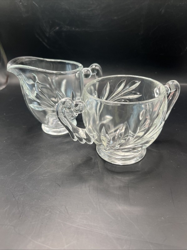 VTG Clear Indiana Glass Sugar Bowl and Creamer Set in the Willow/Orleander MCM