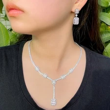 Silver Plated Long Tennis Square Drop Necklace Earrings Zircon Women Jewelry Set