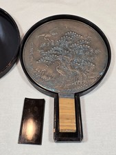 Antique Japanese Bronze Hand Mirror 9 1/2" Cranes, Turtle, Tree W/Wood Case