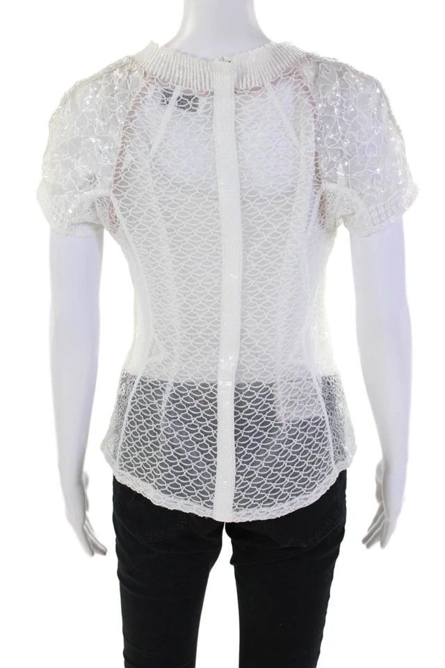 Blusa blanca Byron Lars para mujer de encaje transparente manga corta detalle de lentejuelas talla 6 Foto 3 de 4