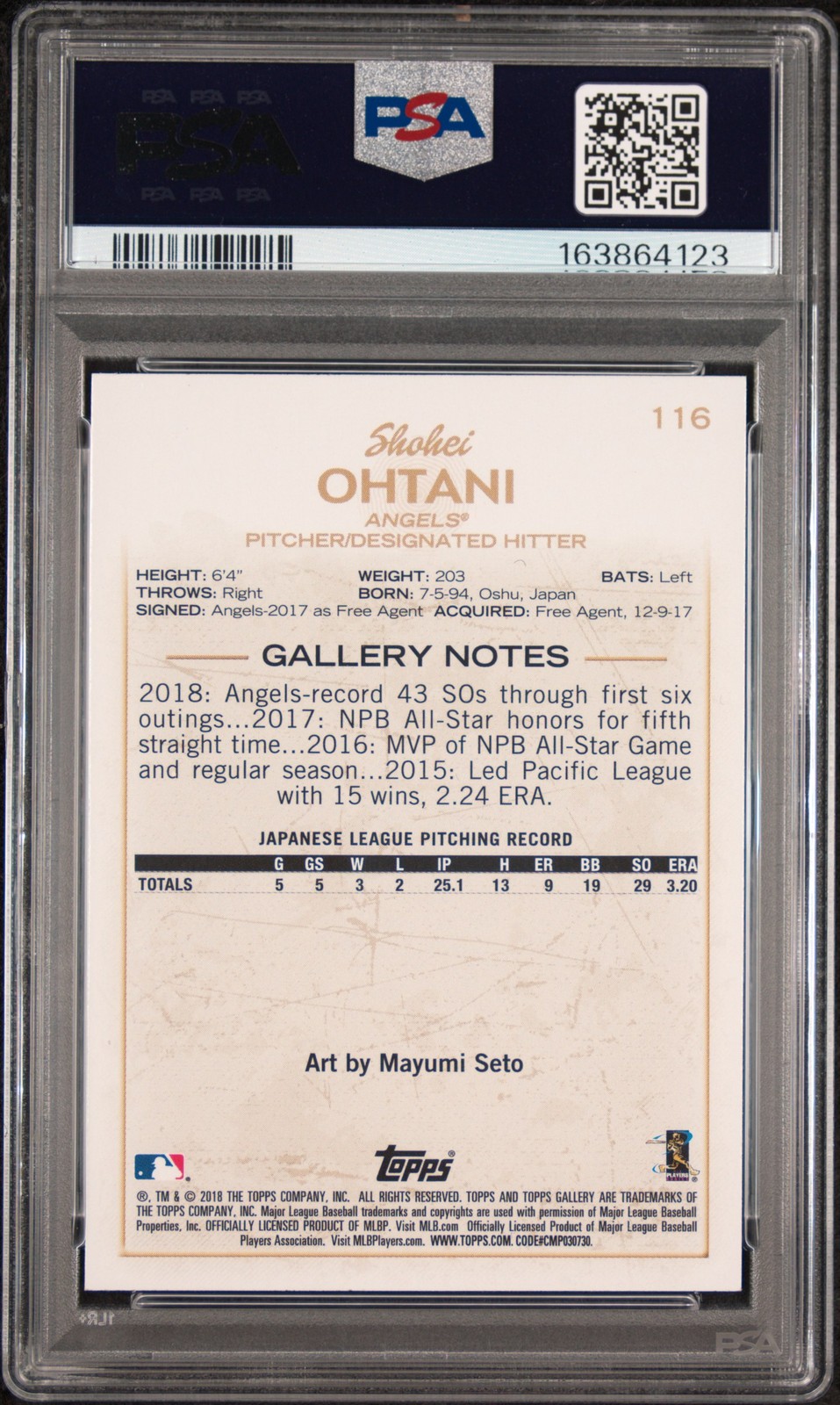 2018 TOPPS GALLERY #116 SHOHEI OHTANI ROOKIE RC PSA 10 view 2