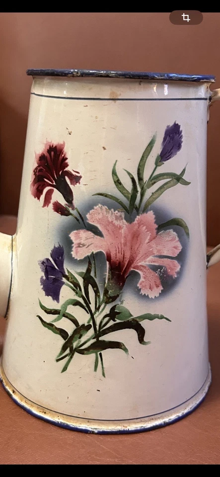 Cafetière émaillée ancienne décor fleurs - Photo 2/4