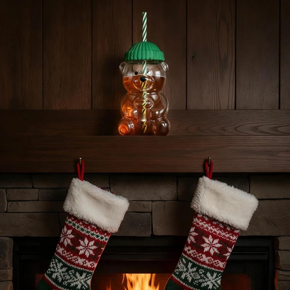 2025 Holiday New Glass Bear Cold Cup With Straw 20oz Mug Jar Coffee Unbranded - Image 4 of 4