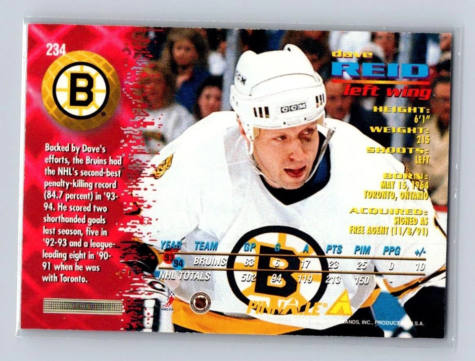 1994-95 Pinnacle #234 Dave Reid Boston Bruins - Image 2 of 2
