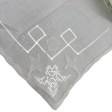 Vintage White Linen Handkerchief Embroidered Floral Scalloped Edge