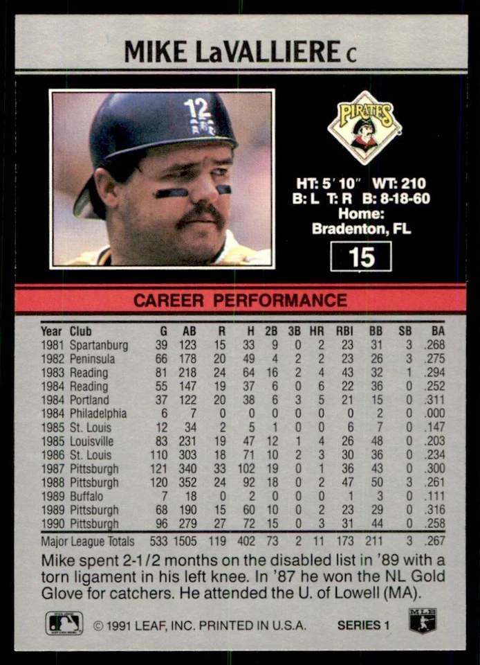 1991 Leaf Mike LaValliere Pittsburgh Pirates #15 - Image 2 of 2