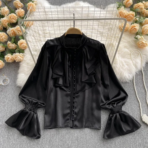 Women Ruffle Blouse Top Faux Silk Satin Puff Sleeve Retro Shirt Elegant New - Bild 10 von 21
