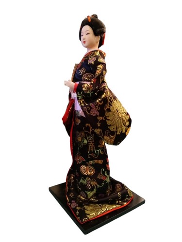 Geisha Black Silk Dress Japanese Oriental 17" Doll Figurine on Stand Home Accent - Picture 7 of 12