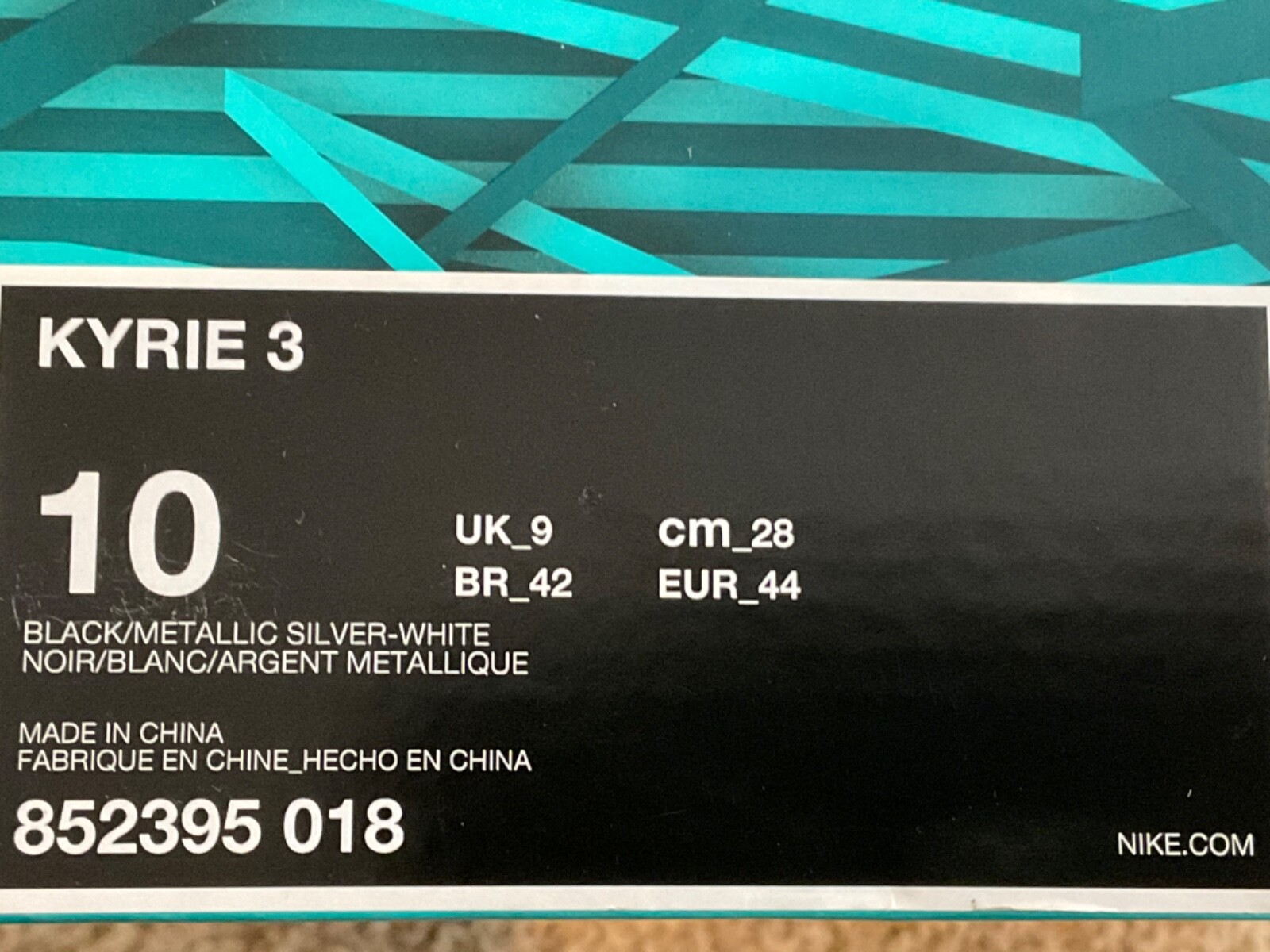 Nike Kyrie 3 Black/White/Silver (BLACK ICE) Size: 10.0 DS image 5