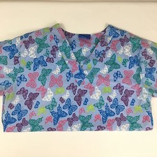 Carol's Scrub Top Blue w/Butterflies size S short sleeve Pockets V-neck