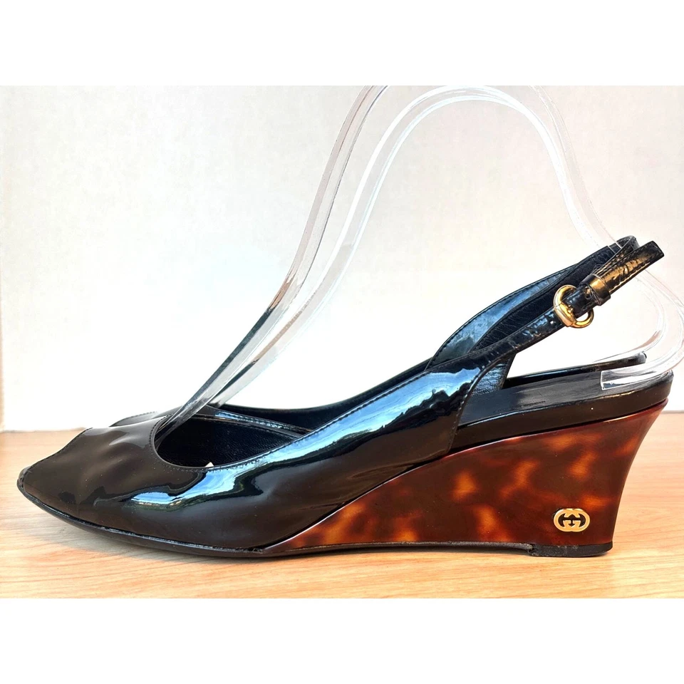 Sandalias de cuña Gucci Vitello Vernice vintage con estampado de caparazón de tortuga talla 7,5 B Foto 2 de 4