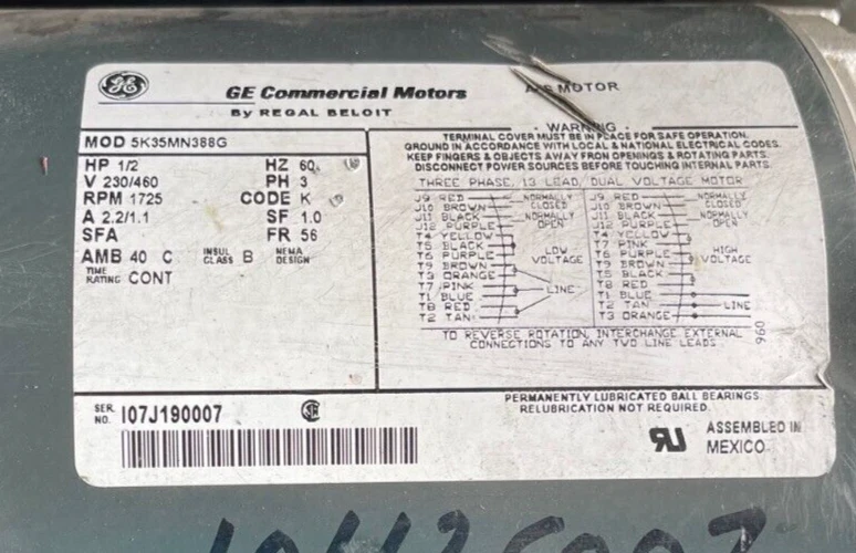 MOTORES COMERCIALES GE CUADRO 1/2 HP 1725 RPM 230/460 V 388G 5K35MN388G Foto 2 de 2