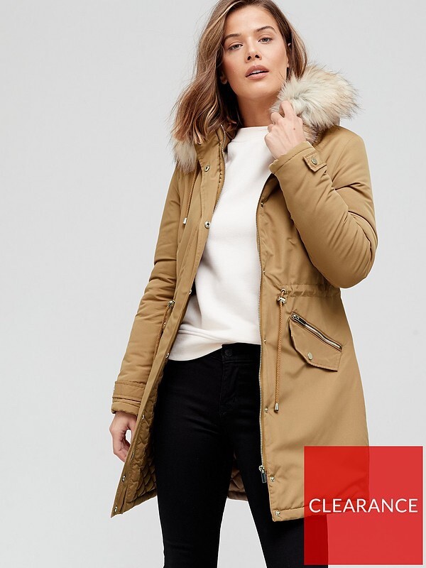 River Island Pimkie Faux Fur Collar Parka In Khaki V By Very