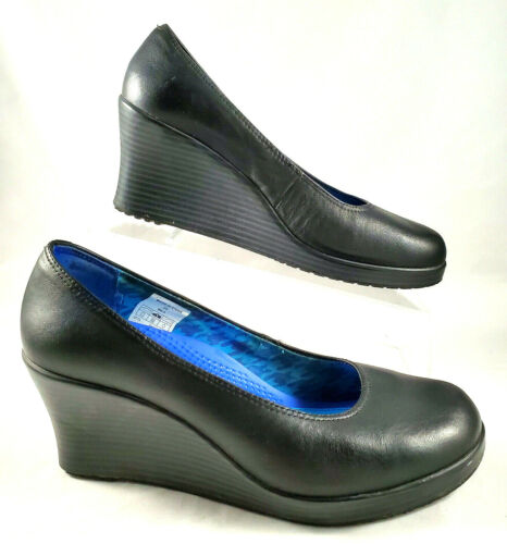 Crocs A-Leigh ~ Black Leather Round Closed Toe 3" Heel Wedge Pumps ~ Womens W8.5 - Picture 1 of 11
