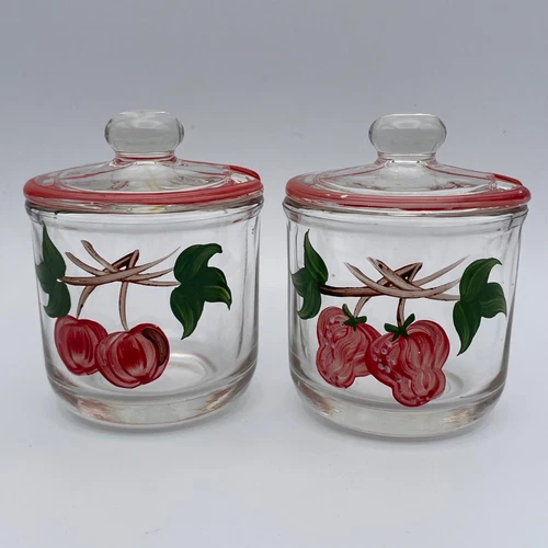 Vintage Jeanette Glass Hand Painted Jelly Jam Jars with Lids Strawberry Cherry