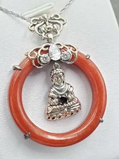 QVC Red Jade Circle Garnet CZ 925 Sterling Silver Buddha Necklace 18" 
