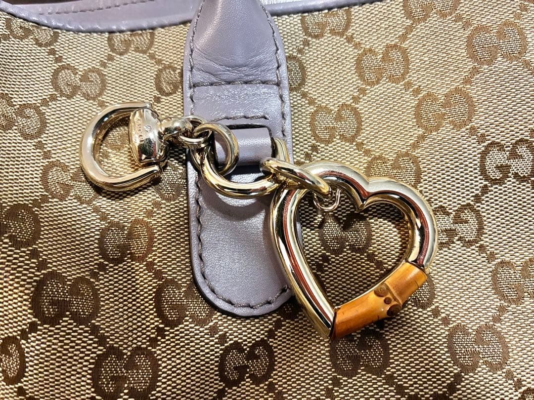 Gucci Tote Bag Beige Gray Canvas Leather Heart Charm Authentic Ladies Fashion thumbnail 3