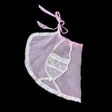 Vintage Sheer Pink Apron Lace Trim Embroidered Pocket Mid Century Party Floral