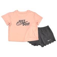 Girls 2PC Nike Outfit Peach T-Shirt Black Dri-Fit Shorts Set