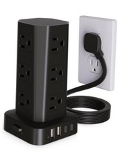 Power Strip Tower Surge Protector, 10FT Flat Plug Extension Cord 10 Ft Black