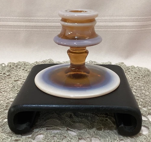 🏺VTG Fenton Amber & Cameo Opalescent Glass Candlestick Holder 3.75” Tall 1930’s