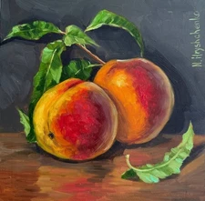 Original Oil Painting Fruit Two Ripe Peach, still life, Art Food 8X8 inch
