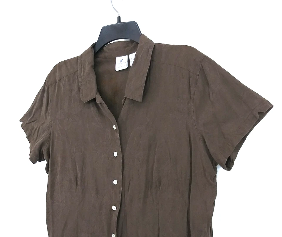 Caribbean Joe 衬衫女式 XL 码棕色花卉短袖纽扣丝绸混纺 — 第 2/4 张图片