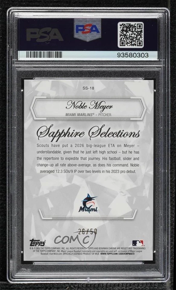 2023 Bowman Chrome Draft Sapphire Edition Gold Refractor /50 Noble Meyer PSA 10 - Image 2 of 2