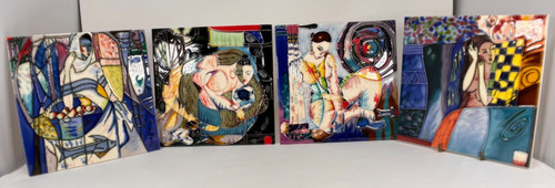 VTG Set 4 Yang Yang Cuerda Seca Enamel Glazed Tiles Women Hand-painted Abstract