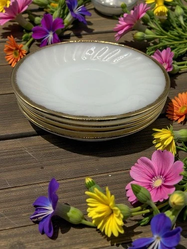 Vintage Fire King Ware Milk Glass Saucers 5.25 Inches With Gold Rims Set of Five