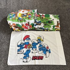 Vintage Smurfs Twin Fitted Sheet Pillowcase Village Lawtex Retro 80s USA 39 x76