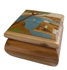 Vtg scenic Marquetry high polish wood Inlay hinged trinket jewelry box Signed