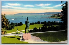 Postcard Massachusetts Plymouth Massasoit Statue Overlooking Harbor c1950s MA