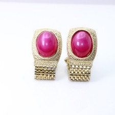 Vintage Swank Pink Lucite Cabochon Mesh Wrap Cufflinks Gold Tone Textured