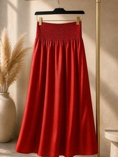 Red Smocked-Waist Mid Length Dress