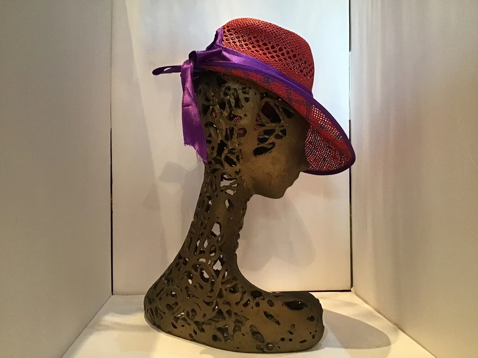 Sombrero de Paja Vintage Sombrero para el Sol Rojo Púrpura Cinta Visera Ajustable Playa Foto 4 de 4