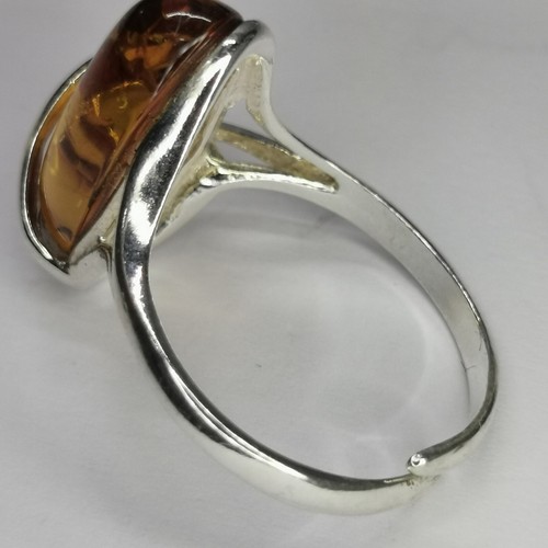 925 Sterling Silver & Genuine Baltic Amber Adjustable Ring - Picture 6 of 12