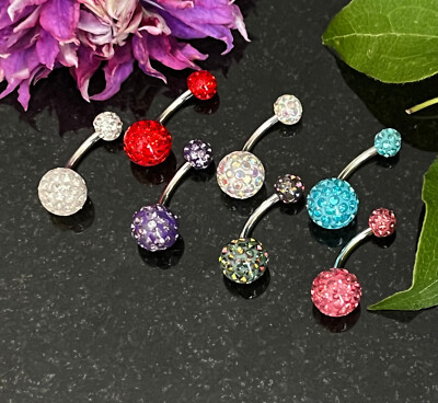 1pc Epoxy Coated Crystal Paved Balls Belly Ring Naval Navel Internally Threaded