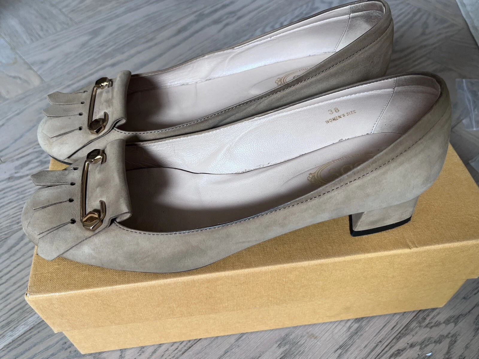 Tod’s tabacco marrone nabuk oro spilla di sicurezza décolleté impreziosite misura 38 tacco 3 cm