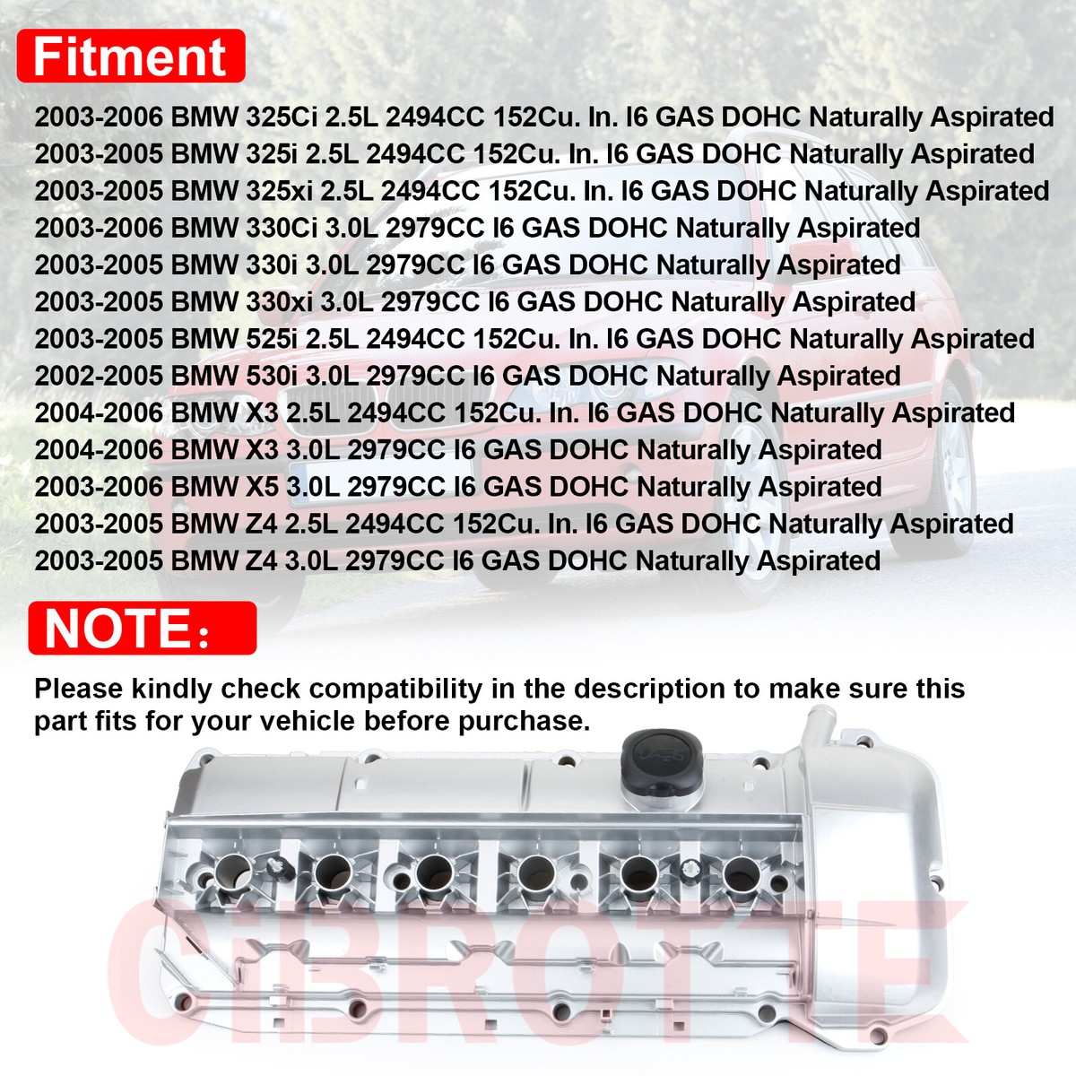 Fits 03-06 BMW E46 E49 325i 330i 530i X3 2.5L 3.0L Valve Cover w/ Gasket &  Bolts