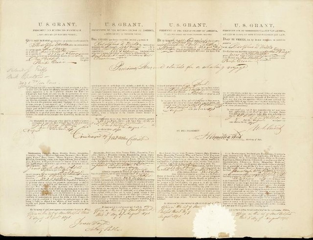 ULYSSES S. GRANT FOUR LANGUAGE SHIPS PAPERS SIGNED 08/03