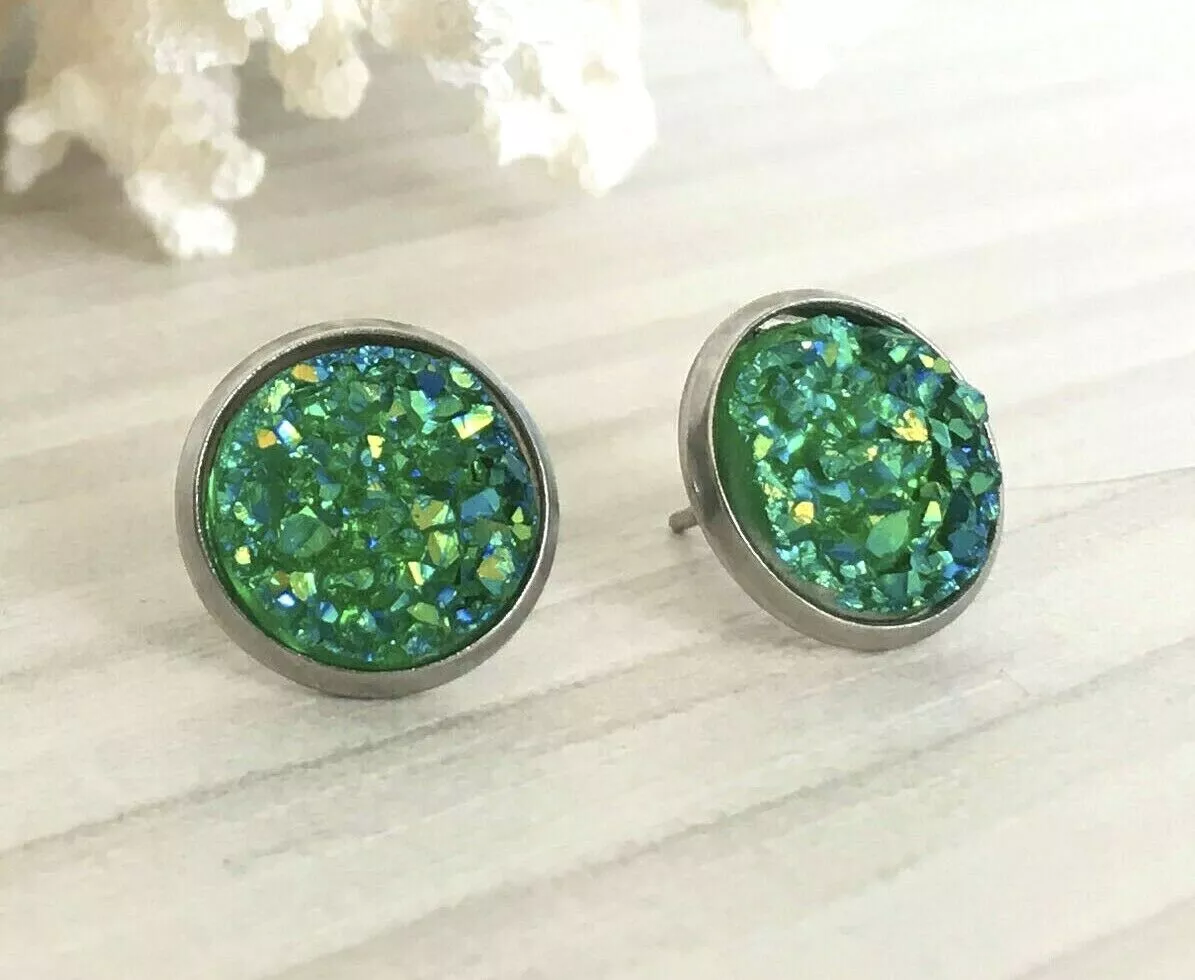 Green druzy earrings, Round glitter resin stud earrings, Geode