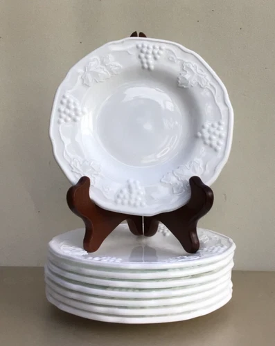 8 Vintage INDIANA COLONY HARVEST MILK GLASS SAUCERS Grape Pattern Bread & Butter
