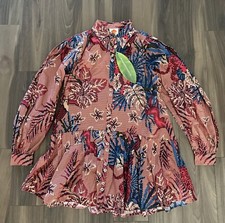 Farm Rio Beaded Forest Pink Long Sleeve Button Front Cotton Mini Dress - S