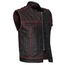 Men’s Black Leather Biker Vest Diamond Stitch Concealed Carry pocket Red Lined