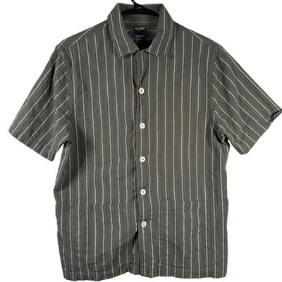 Todd Snyder Seersucker Stripe Camp Shirt Mens S Green Short Sleeve Loop Collar