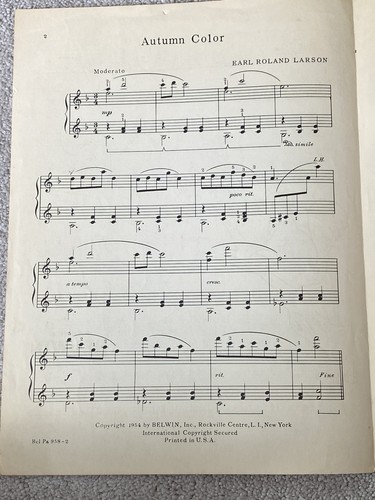 1954 AUTUMN COLOR Sheet Music STUDENT PIANO SOLO by Earl Roland Larson - Picture 2 of 3