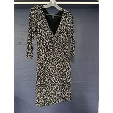Lauren Ralph Lauren Dress Womens 8 Black White Ruched Wrap Abstract Print Midi